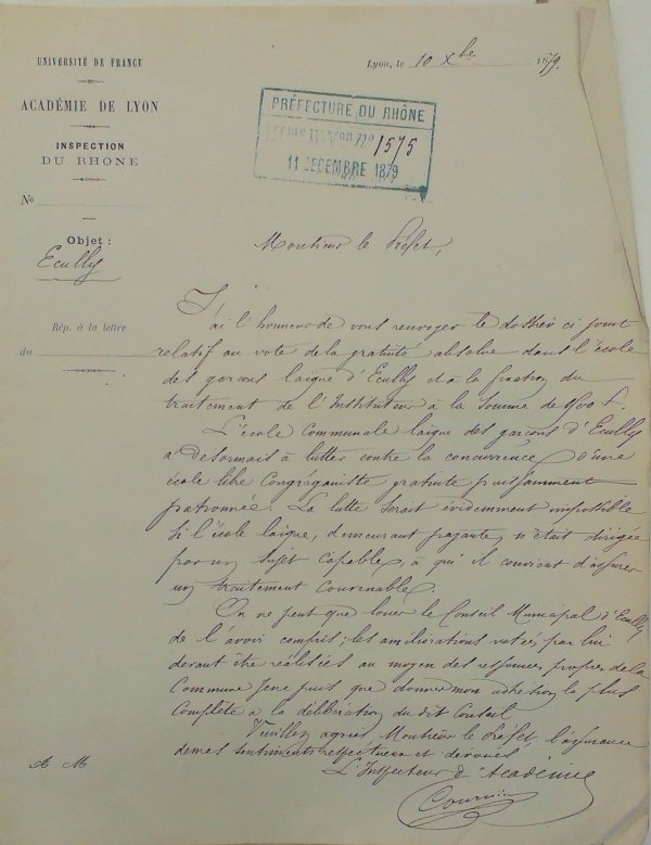 Courrier relatif à la gratuité de l'école de garçons de la commune d'Ecully