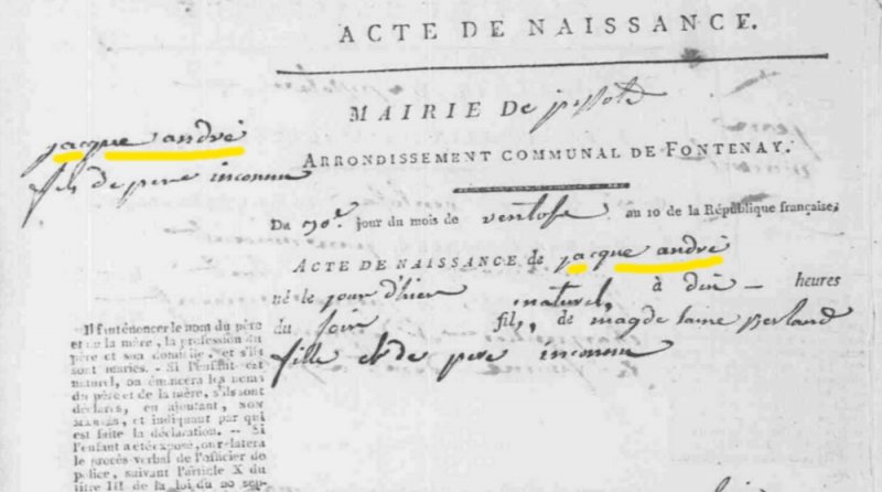 Extrait de l’acte de naissance de Jacque André