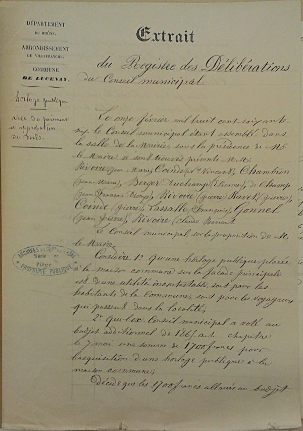 Extrait du registre des délibérations du conseil municipal de Lucenay concernant l'horloge publique 1