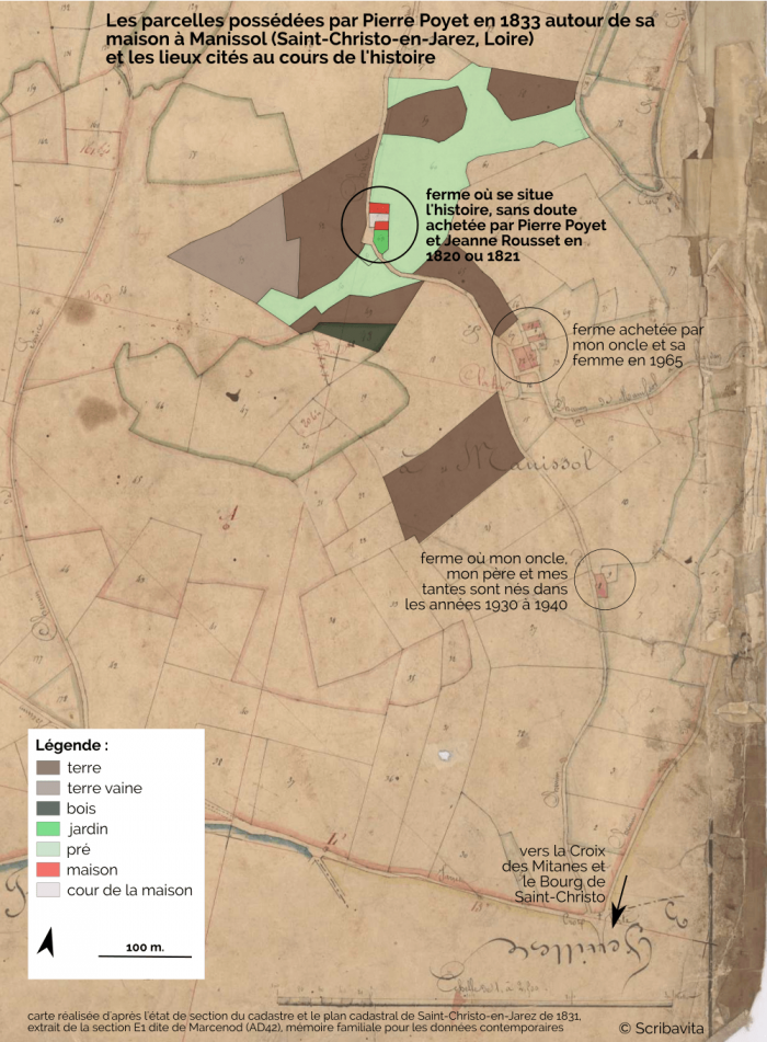 Carte des parcelles possédées par Pierre en 1833 et situées autour de sa maison