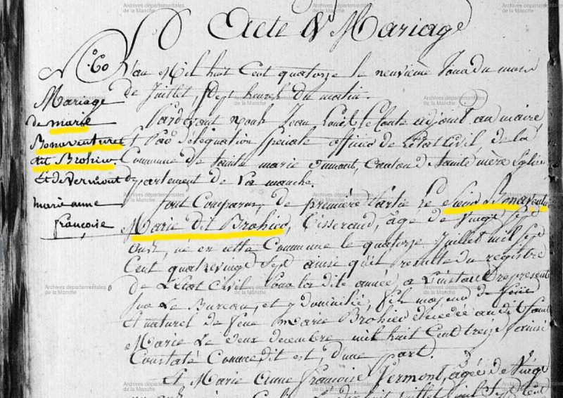 Extrait de l’acte de mariage de Bonaventure Marie dit Brohier