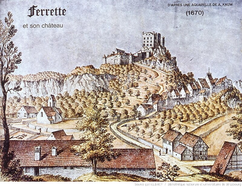 Aquarelle de Ferrette et son château en 1670